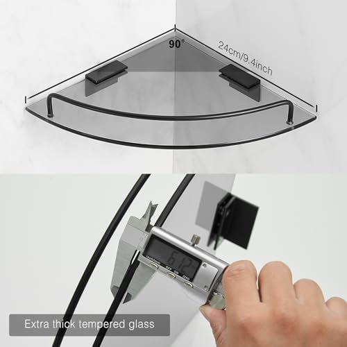 Voldra Glass Corner Shower Caddy, 2 Pack Adhesive Corner Shower Shelves for Inside Shower No Drilling, Tempered Glass Bathroom Corner Shelf with Guardrail Bathroom Shower Organizer Storage Rack(Black) - Image 6