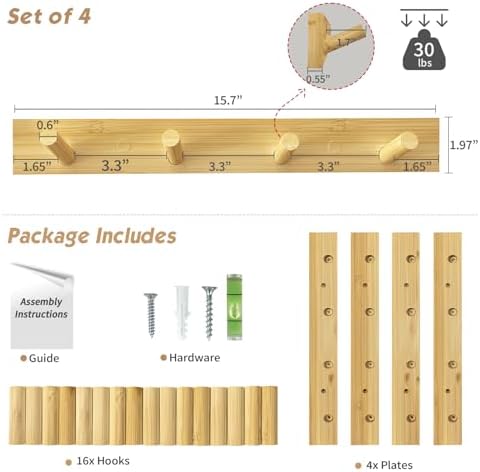 Forbena Natural Wood Coat Rack Wall Mount Set of 4, Wooden Wall Hooks for Bathroom Towels, Vertical Coat Hanger for Kids Room, Boys Girls Bedroom, Office, Entryway Keys Hats and Shoes -16 Hooks - Image 2