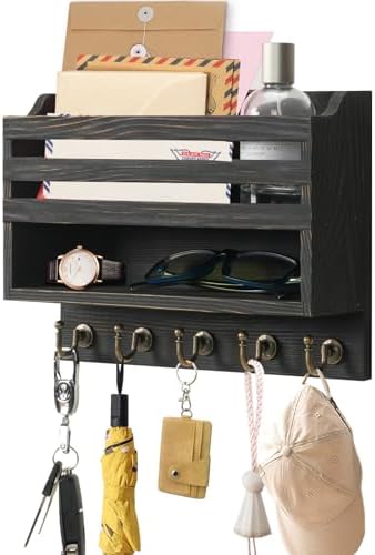 Key Holder Wall Mount with Mail Organizer, 5 Key Hooks, Black by KERESUEDO