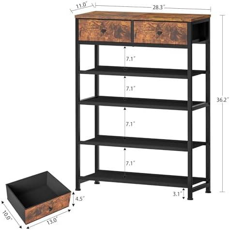 usikey Shoe Rack, 5 Tier Shoe Storage Organizer with 2 Drawers, Metal Shoe Shelf for 12-16 Pairs of Shoes, with 4 Oxford Fabric Shelves and Wooden Top, Shoe Stand for Closet Entryway, Rustic Brown - Image 3