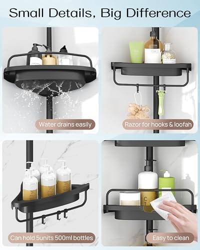 ALLZONE Corner Shower Caddy Tension Pole, Extendable Rustproof Stainless Steel Pole & 4-Tier Adjustable Shelves for Easy Drainage and Built-to-Last Stability, 34 to 116 Inches, Black - Image 6