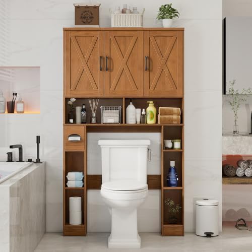 Vabches Over The Toilet Storage Cabinet with 3 Barn Doors.Light Walnut by Vabches