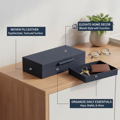 Dark Gray Woven PU Leather Catchall Tray for Desk, Vanity, and Entryway Organization - Image 4