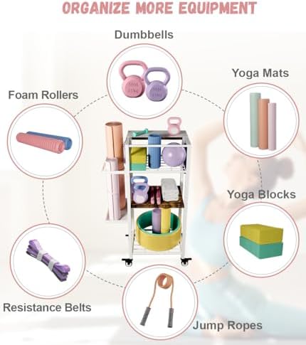 Yoga Mat Storage Rack with Wheels, 3 Tier Home Gym Workout Equipment Organizer for Dumbbells, Kettlebells, Foam Rollers - Image 4
