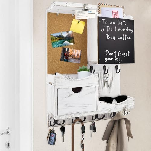 Key Holder Wall Mount with Drawer and Mail Organizer, Whitewashed by HEKOOLA