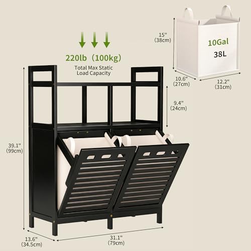 VASMIA Tilt Out Laundry Hamper Cabinet, Bamboo Double Laundry Hamper with 2 Removable Laundry Baskets, 20 Gal Laundry Sorter Organizer with Shelf for Dirty Clothes, Bathroom, Laundry Room, Natural - Image 2