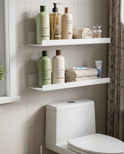 White Acrylic Bathroom Shelf Wall Mounted Floating Organizer with Front Lip - Image 2