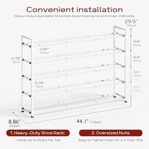 Bumusty 5 Tier Long Expandable Shoe Rack for Closet, White - Image 3