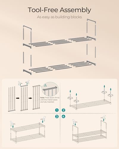 SONGMICS Shoe Rack, 2-Tier Shoe Organizer, Metal Storage Shelf | for Entryway, Upright or Upside Down, for 12-15 Pairs, Stackable, 11.8 x 36.2 x 14.6 Inches, Gray ULSA012G01 - Image 5
