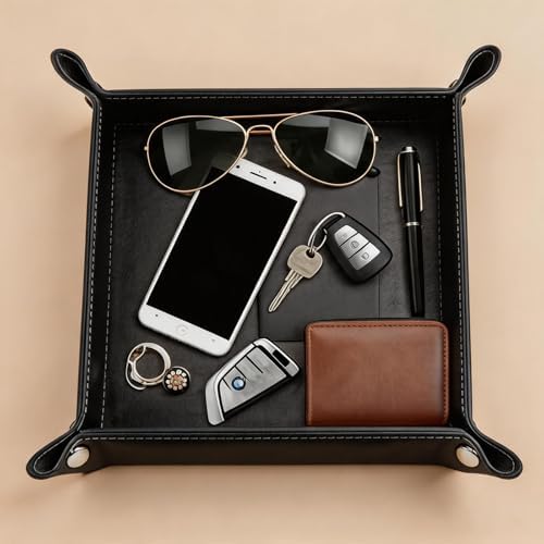 Valet Tray Desktop Storage Organizer – Vegan Leather Catchall Tray Bedside Vanity Tray Nightstand Caddy Holder for Remote Controller, Watch, Keys, Phone, Wallet, Coin, Jewelry, Black - Image 4