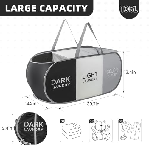 Collapsible Laundry Baskets with 3 Compartments, Black + Grey + Begie - Image 3