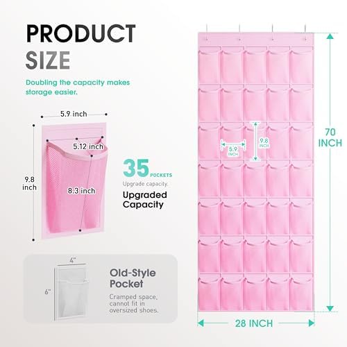 WVM Over the Door Shoe Organizer with 35 Breathable Mesh Pockets, Hanging Shoe Organizer for Door with 4 Metal Hooks, Large Capacity Closet Storage for Shoes, Accessories - Image 3