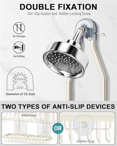 Shower Caddy Hanging - Never Rust Shower Hanging Organizer - Aluminum Over the ShowerHead Caddy with Soap Basket and 6 Hooks for Razor/Sponge (Milky White) - Image 3