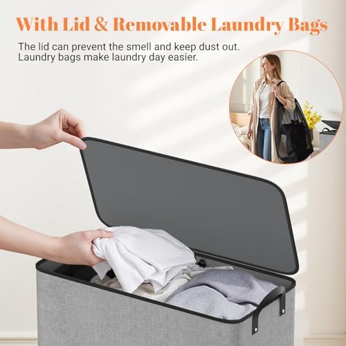 155L 2 Section Laundry Hamper with Lid, Laundry Basket, Gray - Image 6