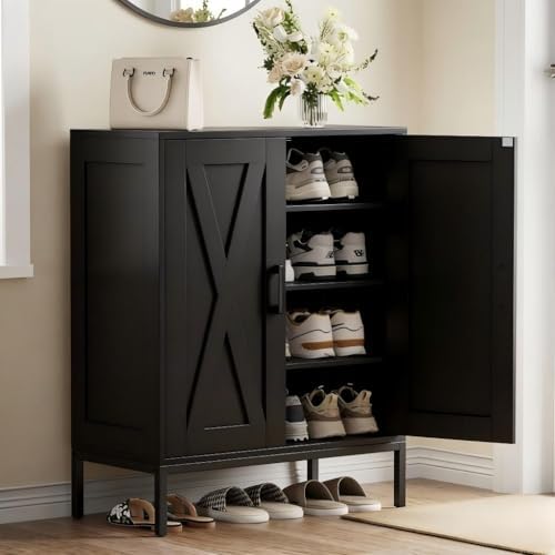 Homleke Farmhouse Shoe Cabinet with 2 Barn Doors & Metal Legs by Homleke