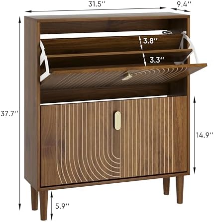 Smuxee Shoe Cabinet with 2 Flip Drawers, 31.5" Walnut Hidden Shoe Storage Cabinet with Line Groove Design, Freestanding Shoe Organizer Cabinet for Hallway, Entryway, Living Room - Image 2