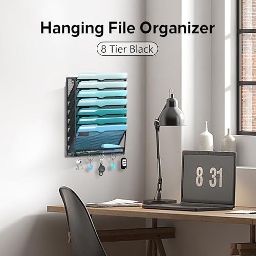 8-Tier Wall File Organizer and Mail Organizer with 5 Hooks, Black - Image 5