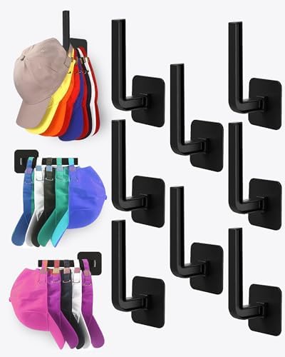 Hat Rack for Hat Storage (8-Pack), Multi-Purpose Hat Organizer, Strong Adhesive Hat Hooks for Wall Hat Organizer for Baseball Caps, Two Mounting Options Hat Hook, Black by Sunfanie