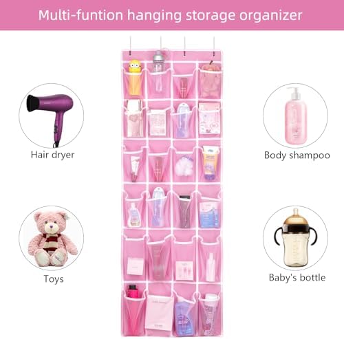 SAVERHO 2 Pack Hanging Shoe Organizer，Over Door Shoe Organizer with 24 Mesh Large Pockets Shoe Storage Bag for Sport Shoes Size:58x21 Inch Hanging Door Shoe Rack Organizer (Pink-2pack) - Image 5