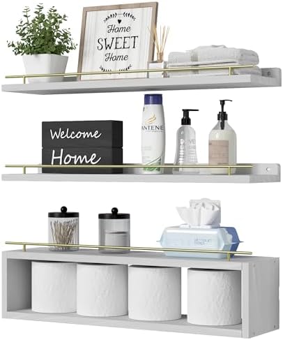 WOPITUES Floating Shelves for Wall 24 inch with Cube Shelf, Wall Shelves with Metal Rail for Decor, Bathroom Organizers and Storage, Over Toilet Shelves for Bathroom, Toilet Paper-White&Gold by WOPITUESOfficial