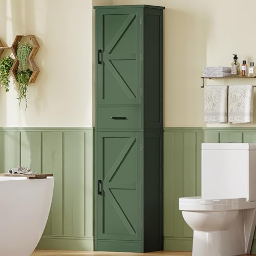 TEENFON Kitchen Pantry Cabinet with 3 Door Shelves & 1 Drawer, Narrow Bathroom Cabinet with Adjustable Shelves, Tall Storage Cabinet for Living Room, Bathroom, Entryway, Green - Image 2