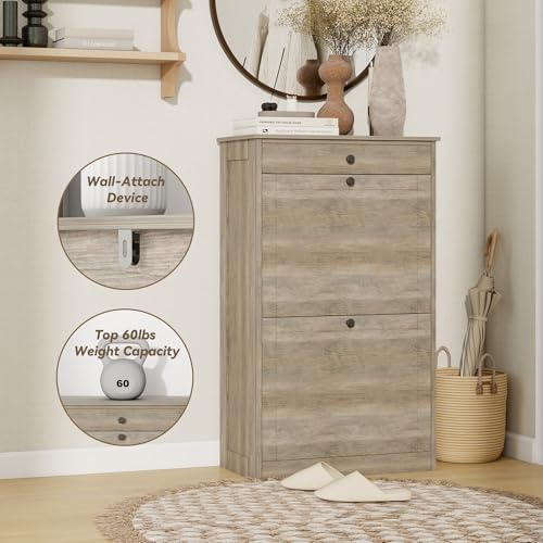 Shoe Cabinet with 2 Flip Drawers, Freestanding Shoe Storage Organizer - Image 4