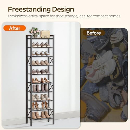 YATINEY 10-Tier Narrow Shoe Rack, Tall Shoe Rack for 10-20 Pairs, Slim Shoe Storage Organizer with Wooden Top, Space Saving, Metal Frame, for Entryway, Charcoal and Black SS68BC - Image 5