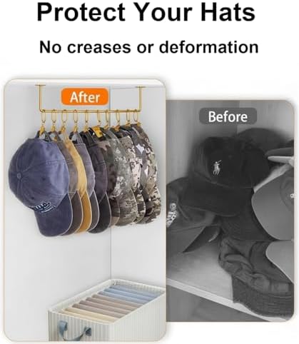 Viklluyr Hat Organizer for Baseball Caps Hat Rack with 20 Hooks - Sturdy Metal Hat Storage Wall Mounted Caps Hanger Set of 2 for Closet Door Bedroom Entryway Laundry(Gold) - Image 6