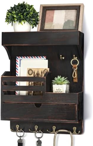 Rebee Vision Key Holder Wall Mount with Shelf for Entryway,Distressed Black by REBEEVISION