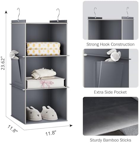 YOUDENOVA Hanging Closet Organizer and Storage for Clothes, 3-Shelf, Grey | Locker/RV/Camper Organizer, Side Pocket, Hanging Shelves for Small Closet, Dorm Room Essentials for Guys, Breathable Fabric - Image 5