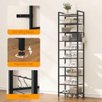 usikey 10 Tiers Narrow Shoe Rack 20-30 Pairs, Sturdy Metal Tall Shoe Rack Shelf with 4 Hooks, Slim Shoe Storage with Metal Shelf, Space Saving Vertical Shoe Organizer for Closet Entryway, Black - Image 5