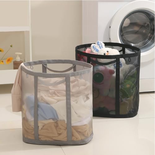 Mesh Bag with Handles, Collapsible Laundry Basket, Foldable Laundry Bag, Breathable Folding Beach Bag,Space-saving Travel Tote Bags (2, Grey) - Image 3