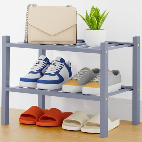 Smiry Bamboo Shoe Rack, 8 Vertical Slats, 2 Tier - 17.3" Wide, Grey by Smiry