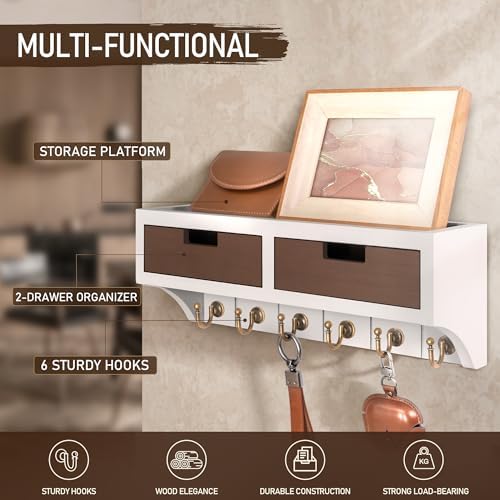 Rebee Vision Key Holder Wall Mount for Home Decor, White & Retro Brown - Image 3