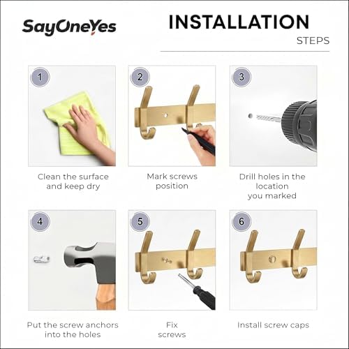 Brushed Gold Wall Mounted Coat Rack – 17 Inch Stainless Steel Rail with 6 Double Coat Hooks for Entryway, Bathroom, Bedroom, Kitchen – Modern Gold Hook Rack for Coats, Hats, Towels - 2 Pack - Image 7