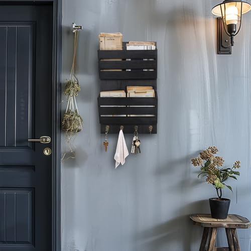 Mail Organizer Wall Mount with 4 Key Hooks, Rustic Wooden Hanging Mail Sorter Farmhouse Key Holder for Wall Decoration, 2-Slot Wall File and Magazines Bill Letter Holder - Image 2