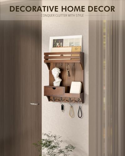 Rebee Vision Key Holder Wall Mount with Drawer Organizer for Entryway,Brown - Image 3