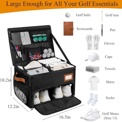 2 Layer Golf Trunk Organizer, Golf Organizer with 2 Pairs Shoes Compartment, Golf Storage Waterproof Car Trunk Locker for Balls, Caps, Clothes, Gloves, Accessories, Gifts for Golfers - Image 2