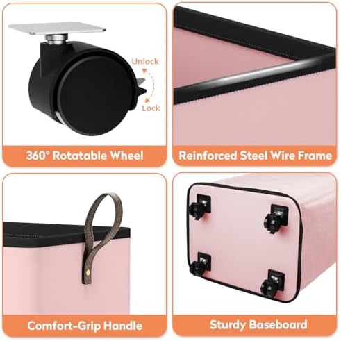 SpaceTrove Rolling Laundry Basket with Wheels, Laundry Hamper, 80L, Pink - Image 7
