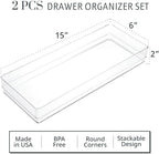 STORi SimpleSort 2-Piece Stackable Clear Drawer Organizer Set | 15" x 6" x 2" Rectangle Trays | Wide Makeup Vanity Storage Bins and Office Desk Drawer Dividers | Made in USA - Image 2