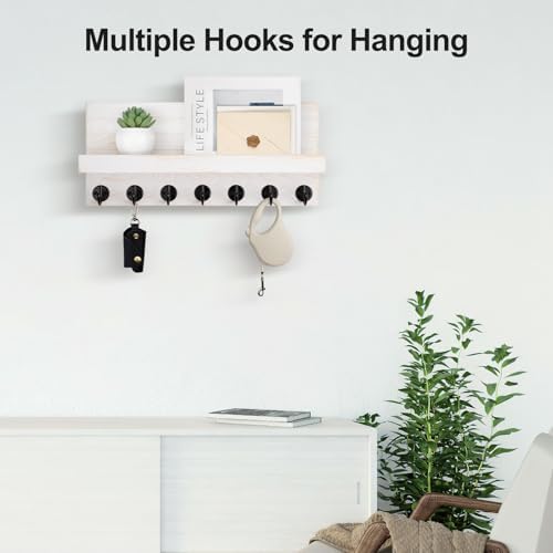 Lwenki Key Holder Wall Mount, Entryway Key and Mail Holder with 7 Sturdy Hooks for Sunglasses, Dog Leash, Decorative Wall Shelf with Mounting Hardware, 15”W x 6.7”H x 4.2”D - Image 3