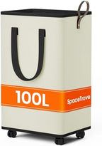 SpaceTrove Rolling Laundry Basket with Wheels, Laundry Hamper, 100L, Cream by Unknown