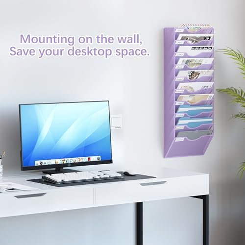 EasyPAG 10 Pocket Mesh Wall File Organizer, Hanging Paper Folder Holder with Classify Label, Vertical Wall Mount Mail Organizer for Office Home Classroom, Purple - Image 2
