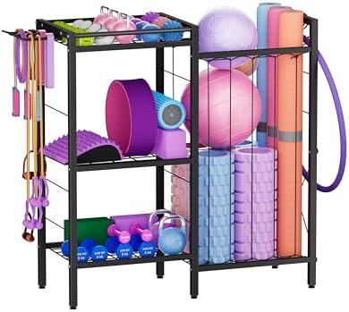 3 Tiers Dumbbells Yoga Mat Storage Rack with Elastic Straps for Kettlebells Foam Roller Resistance Bands Balls, Workout Equipment Organizer Weight Storage Holder with Hooks for Home Gym by Fiwithy