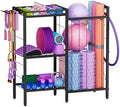 3 Tiers Dumbbells Yoga Mat Storage Rack with Elastic Straps for Kettlebells Foam Roller Resistance Bands Balls, Workout Equipment Organizer Weight Storage Holder with Hooks for Home Gym by Fiwithy