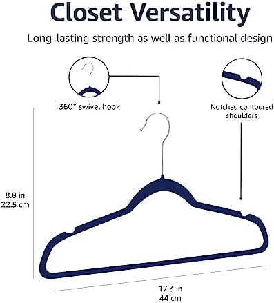 Amazon Basics Slim Velvet Non-Slip Space Saving Suit Clothes Hangers for Closet Organization, Navy Blue/Silver, 50-Pack - Image 5