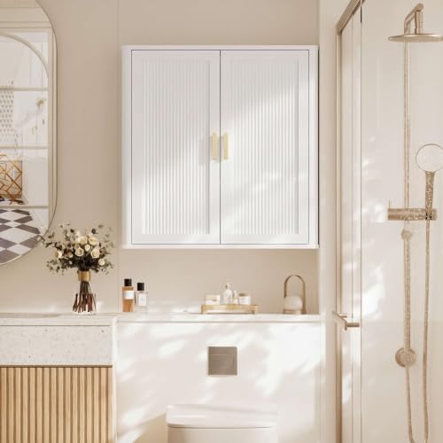 INNOD Bathroom Storage Cabinet, Over The Toilet Storage Cabinet, Medicine Cabinet with Adjustable Wood Shelf & Doors for Laundry Room & Kitchen & Living Room(White) - Image 5