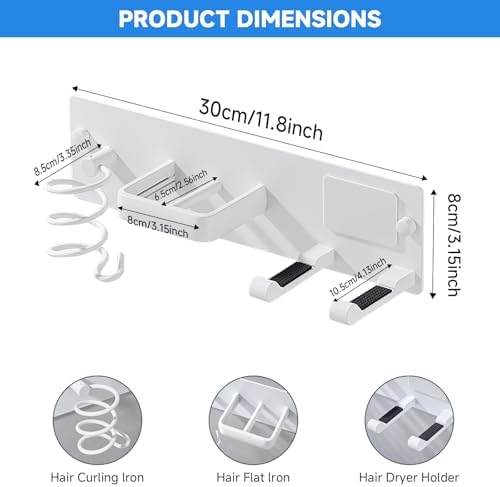 Hair Dryer Holder Wall Mounted,Blow Dryer, Curling Iron, Straightener Holder 3 in 1 Bathroom Metal Hair Tool Organizer Rack-Matte White-2 - Image 2