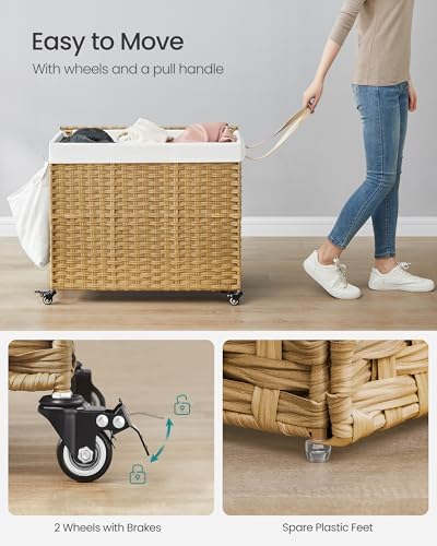 SONGMICS Rolling Laundry Hamper with Lid, 160 L 3-Section Synthetic Rattan - Image 4