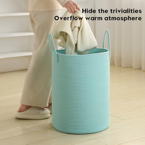 Laundry Basket Hamper Tall Rope Storage Woven for Blanket toys Dirty Clothes in Living Room Bathroom Bedroom (Cyan, 100L/26.4Gal) - Image 3